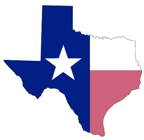 Shortened version of United States Flag on state of Texas shape with white star on the left side - center